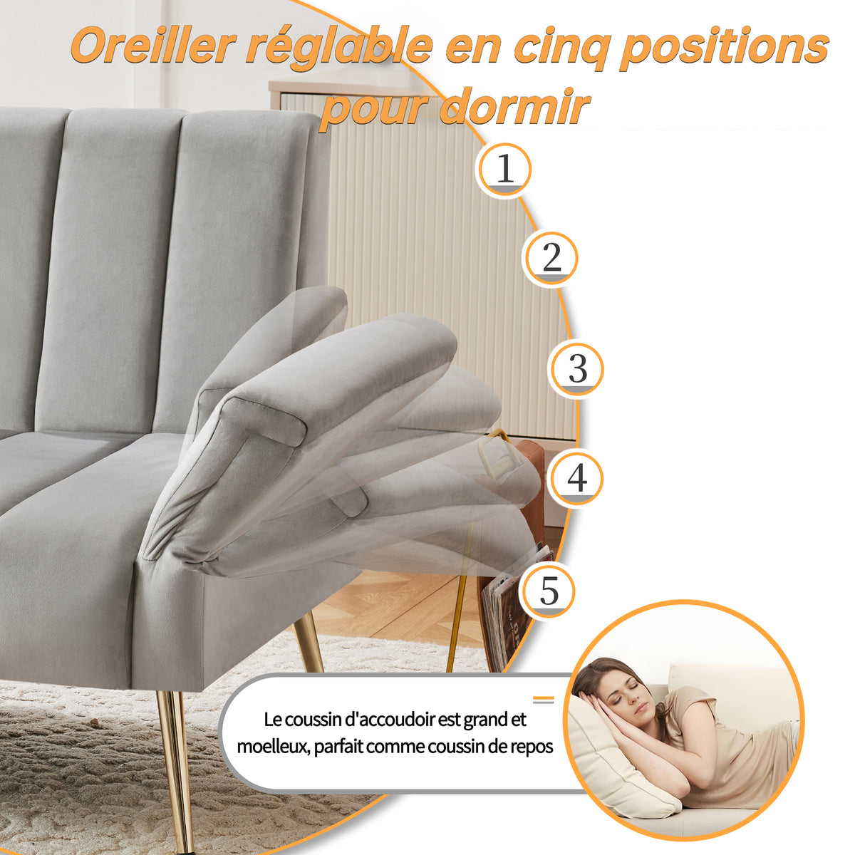 Sofa-lit pliant moderne en velours 183x76x75 cm â€?Réglable en 5 angles, pieds métalliques, idéal pour salon et chambre d’invités