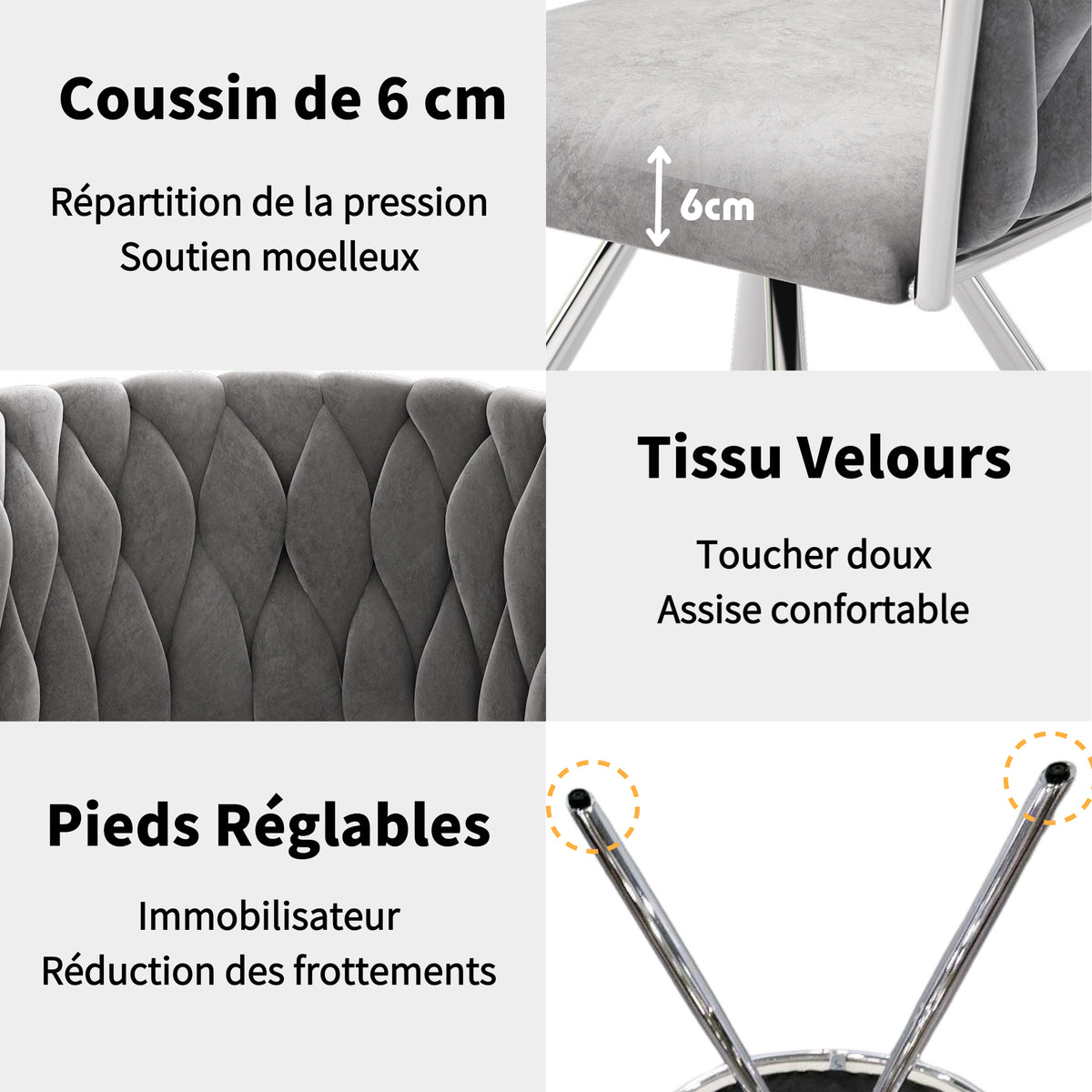 Lot de 4 chaises de salle à manger pivotantes en velours gris avec pieds en métal argenté
