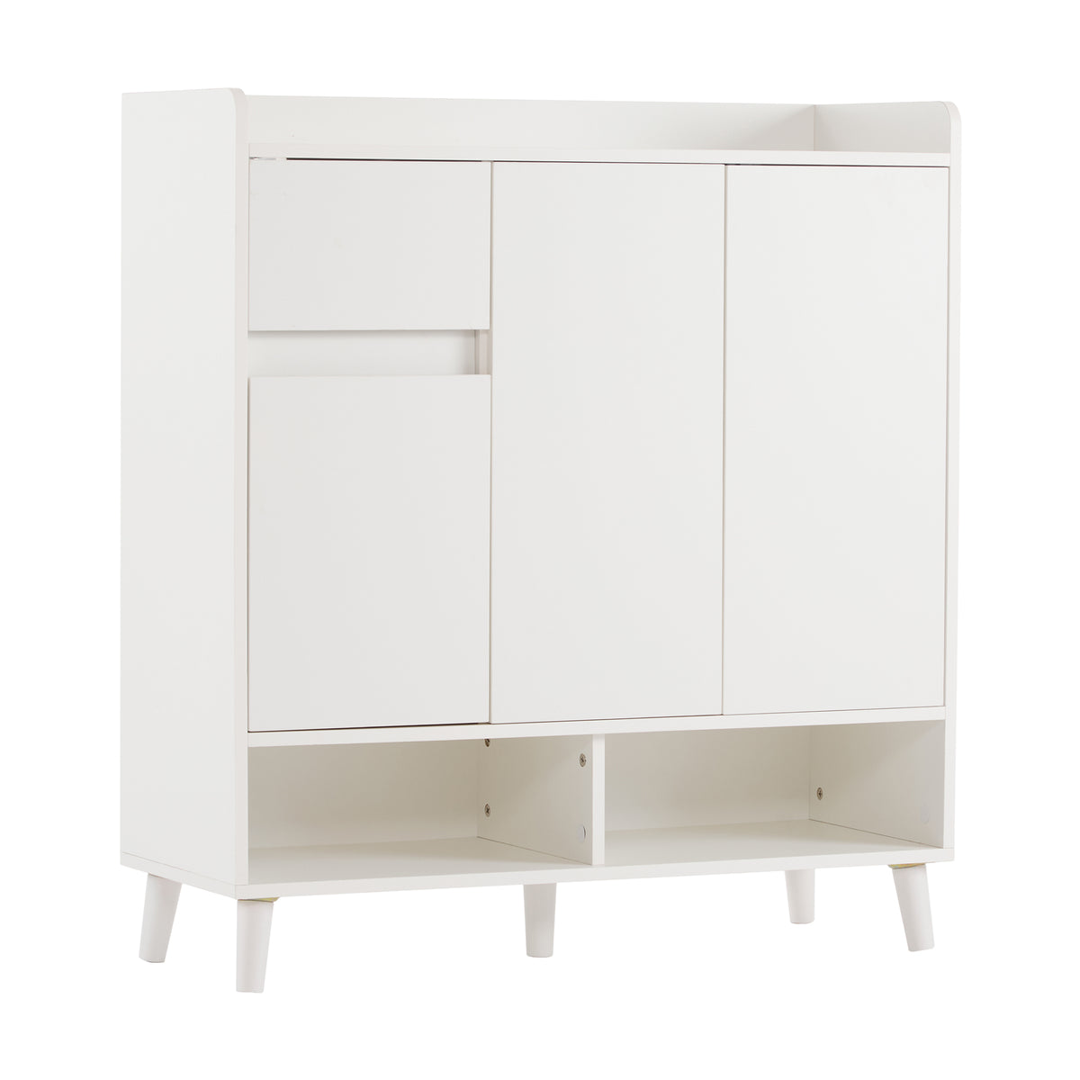 Meuble à chaussures blanc avec étagères réglables, commode minimaliste pour l'entrée, avec pieds en bois massif