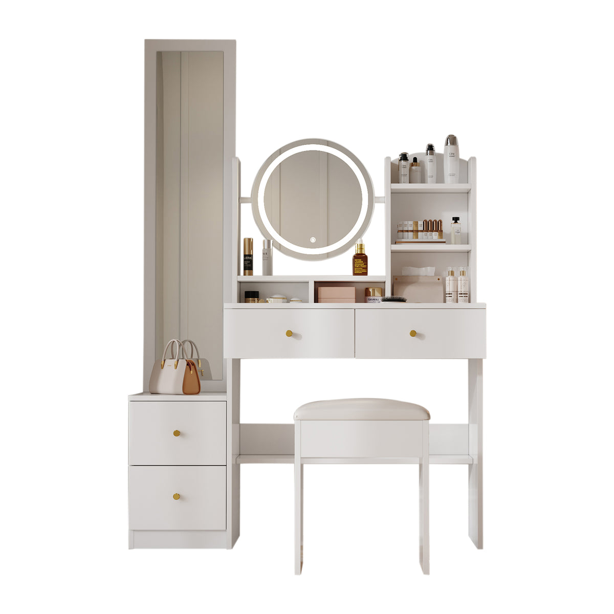 Coiffeuse 4-en-1 blanche avec miroir entier et miroir de table rotatif, tabouret rembourré, rangement intégré et éclairage LED 3 couleurs, 109x36x164 cm