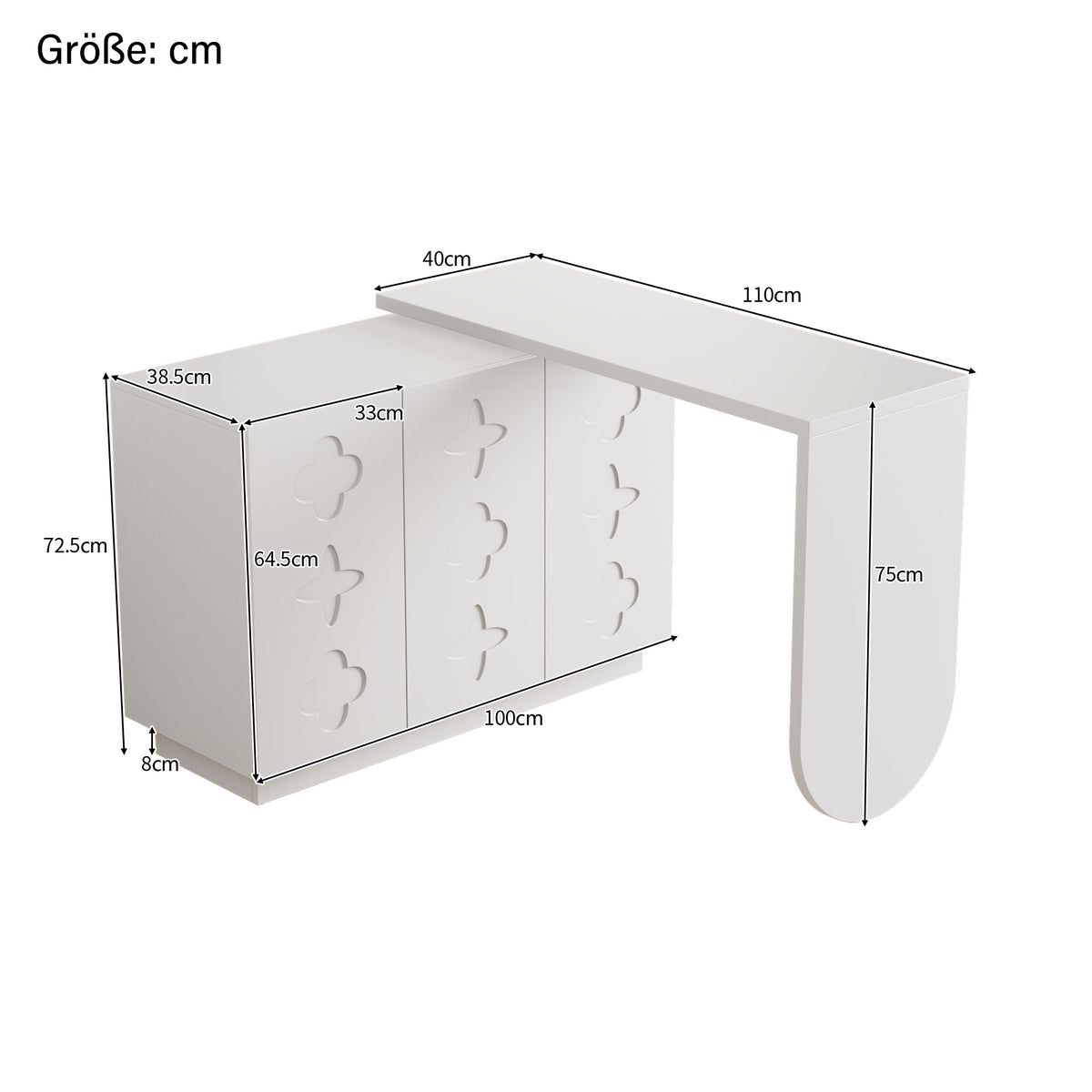 Bureau d'angle pivotant en L blanc de 110 cm, avec 3 placards de rangement, portes à fermeture douce et étagères réglables, idéal pour un bureau ou un studio de beauté