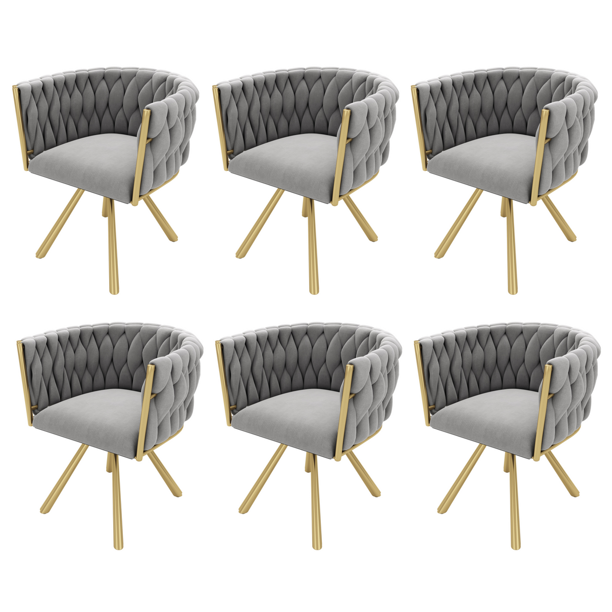 Lot de 6 chaises pivotantes de salle à manger en velours gris avec pieds en métal doré
