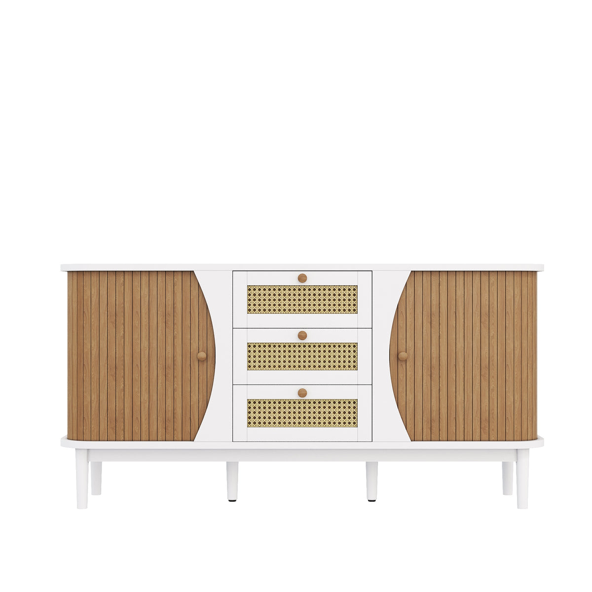 Buffet blanc moderne avec 3 tiroirs en rotin et portes coulissantes