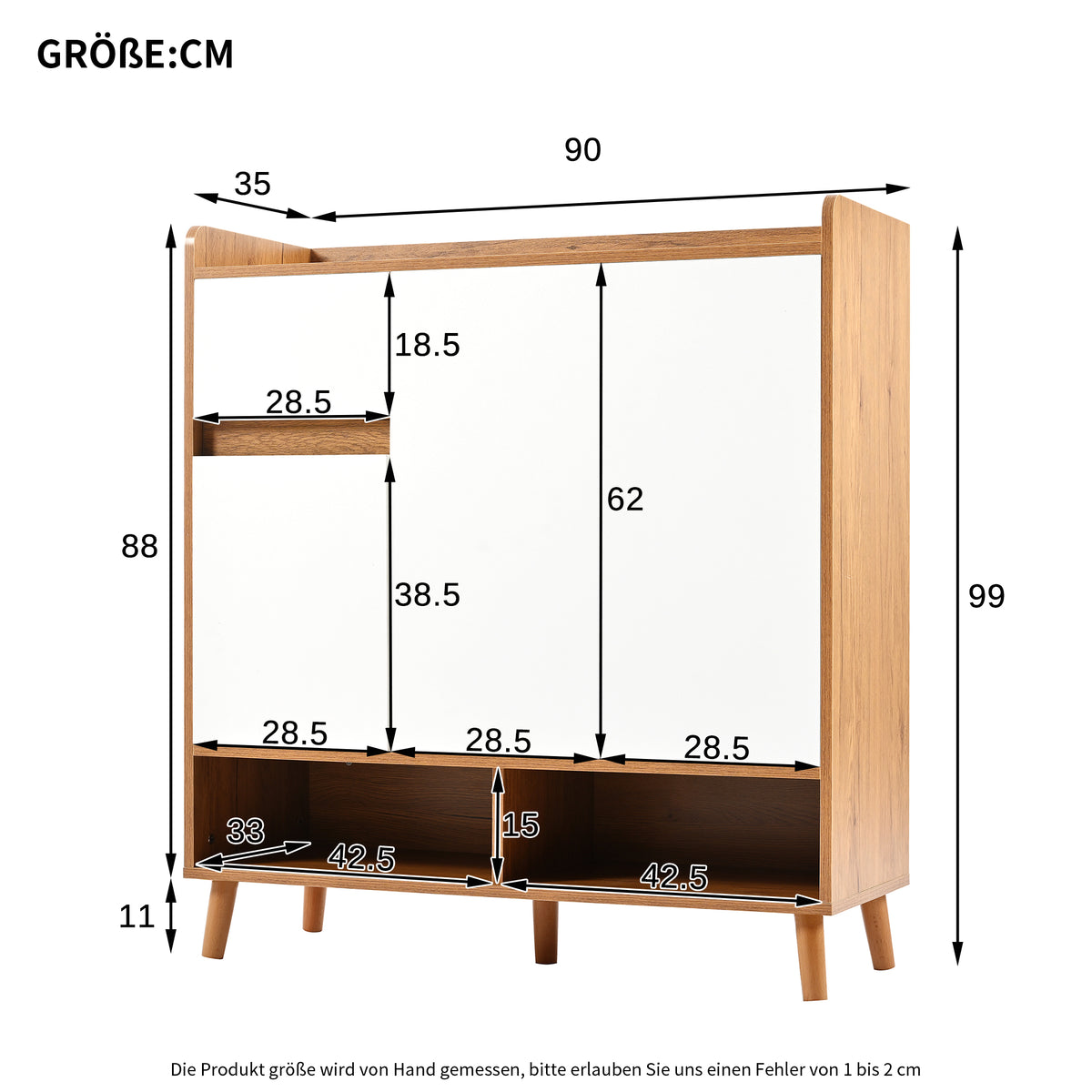 Commode / buffet / meuble à chaussures blanc et bois 90x35x99 cm avec étagères réglables et pieds en bois massif