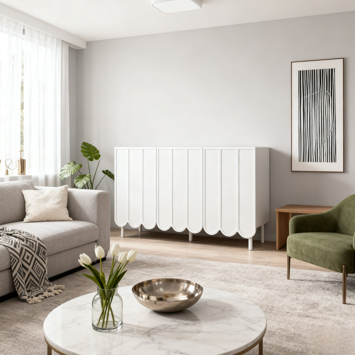 Sideboard moderne blanc 120x35x80 cm avec portes ondulées, grifflos et rayons réglables, idéal pour salon flur et salle à manger