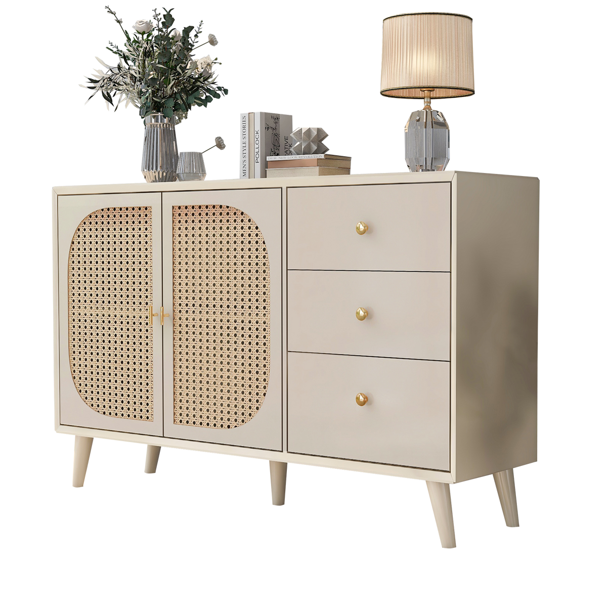 Buffet de salon et salle à manger en blanc cassé avec portes en rotin et 3 tiroirs, meuble de rangement moderne 120 cm de large