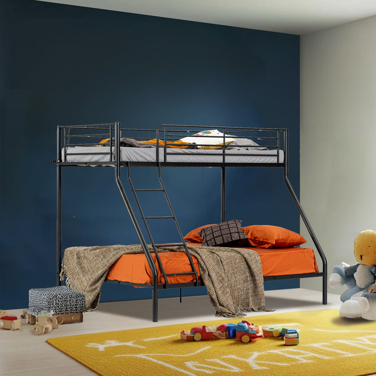 Lit superposé 3 places et 2 étages en métal noir avec échelle 140x190cm et 90x190cm (matelas non inclus) - JAZZ