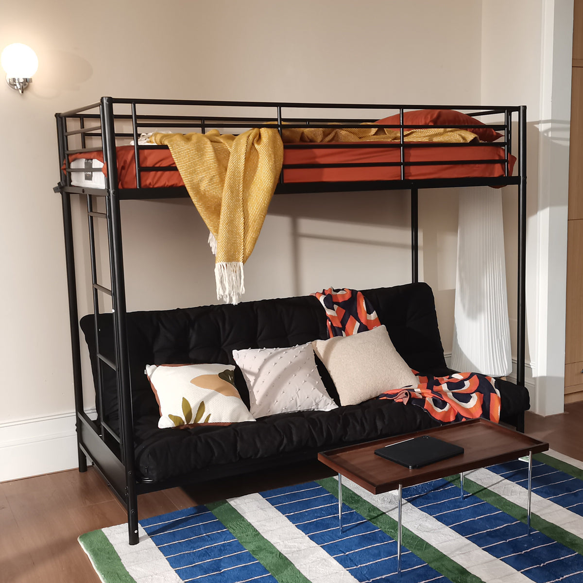 Etagenbett 90x190 cm mit Cabrio -Bank -Sofa und Lattenbasis in schwarzem Metall (Matratze nicht enthalten) - Liberty