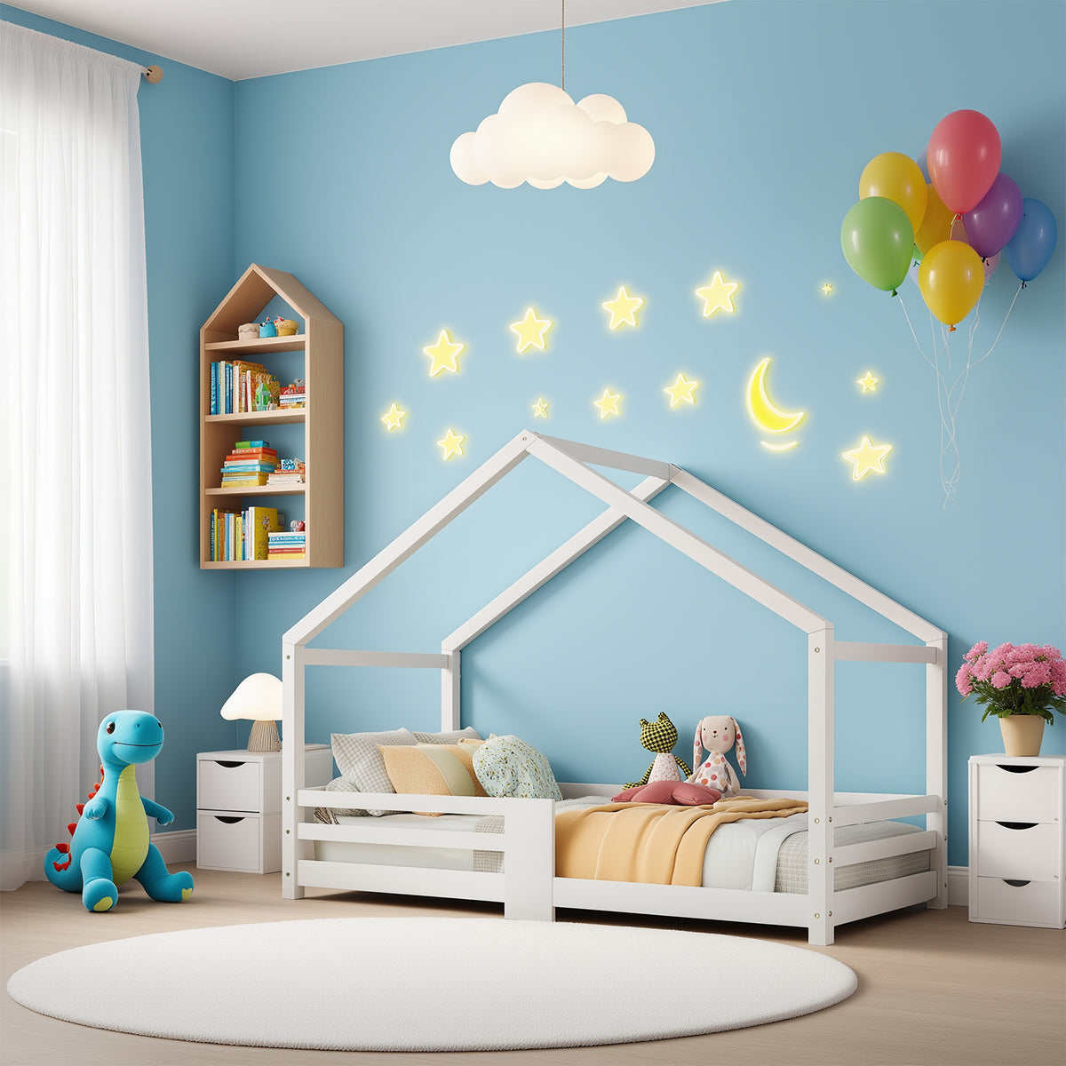 Lit cabane enfant 90x200 cm bois massif blanc avec barrière anti-chute et sommier à lattes