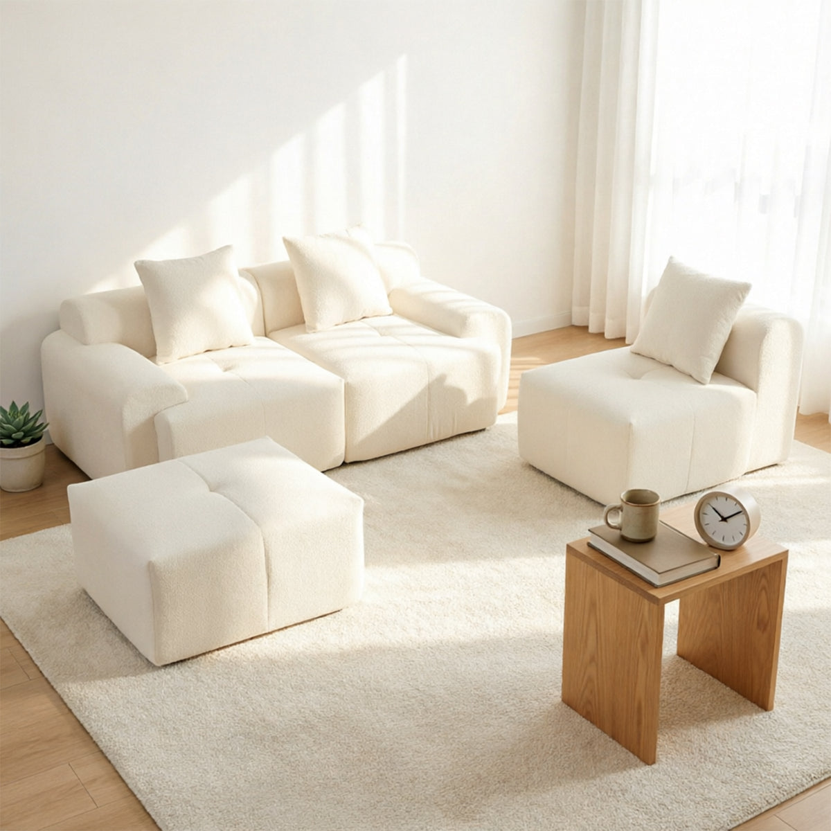 Canapé d’angle modulaire beige 3 places avec pouf