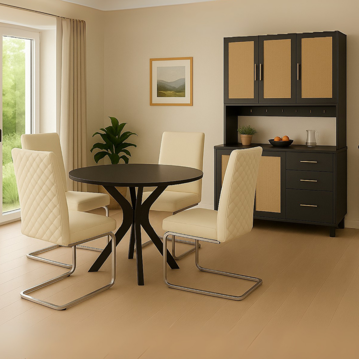 Buffet de cuisine 183 cm avec éclairage LED contrôlé par application, 2 ports USB, 2 prises, 3 tiroirs, étagères réglables et poignées dorées â€?idéal pour cuisine et salle à manger