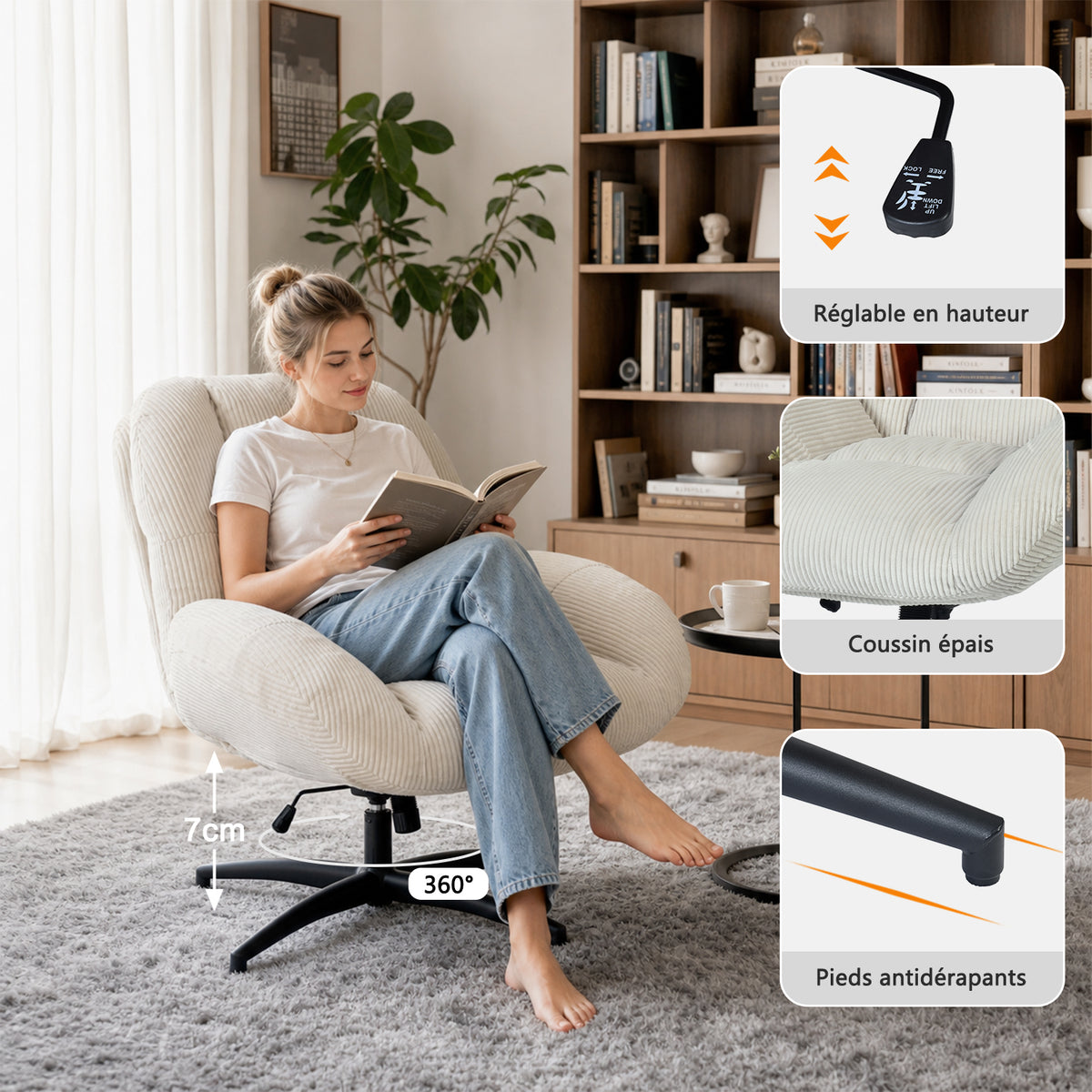 Chaise de bureau pivotante en velours côtelé beige – LITHOPS FIX