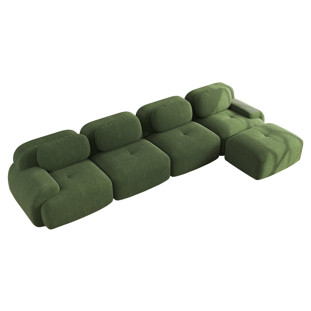 Ensemble de canapés avec accoudoirs incurvés et base antidérapante en tissu velours côtelé doux pour le salon, vert, siège 4+tabouret 1