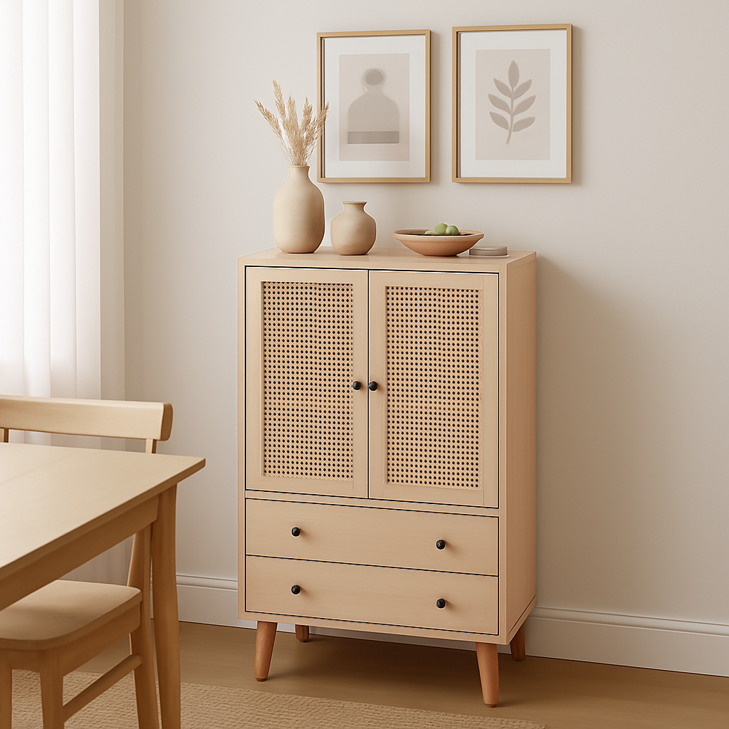 Buffet haut en bois style moderne avec portes en rotin et tiroirs �60 x 40 x 120 cm