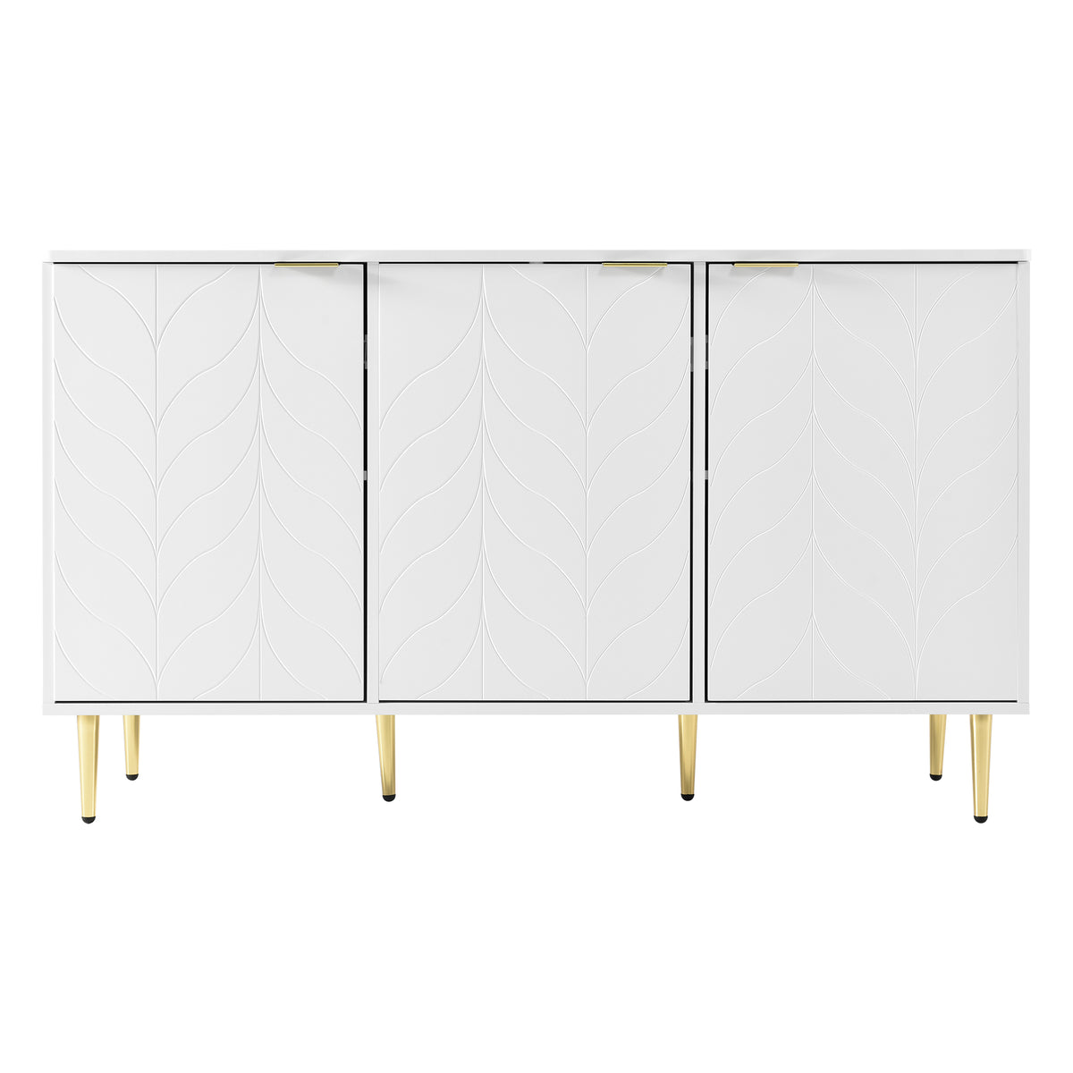 Sideboard moderne à motifs de fleurs 127×45×75cm Commode blanche avec pieds et poignées dorées 2 étagères 6 compartiments pour salon chambre à coucher et salle de bains