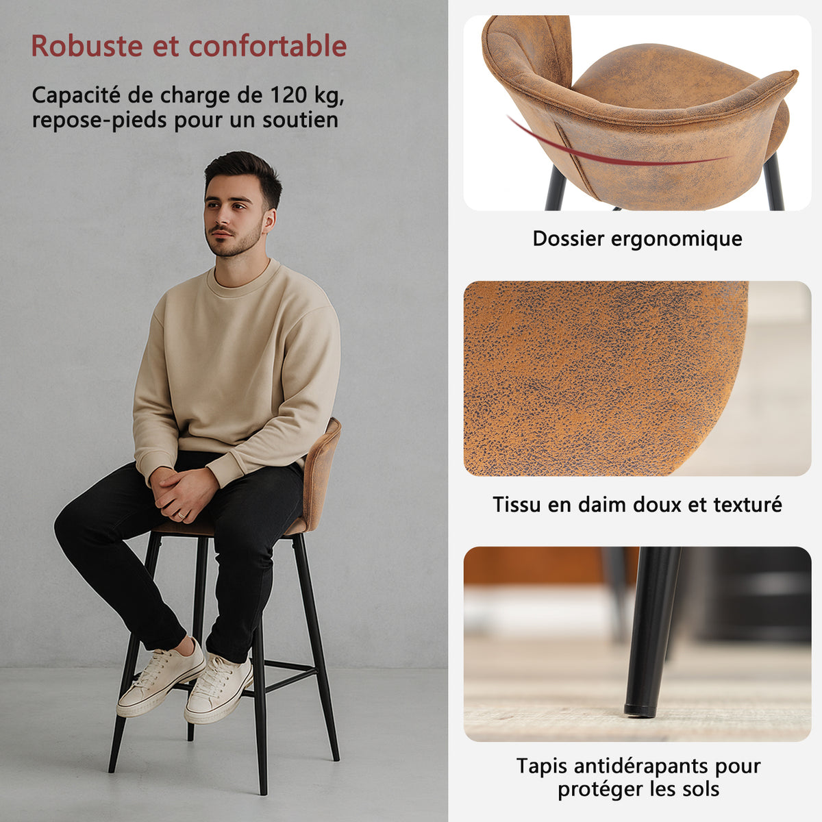 Lot de 4 tabourets de bar industriels avec accoudoirs et dossier en suédine - DONCIC BAR