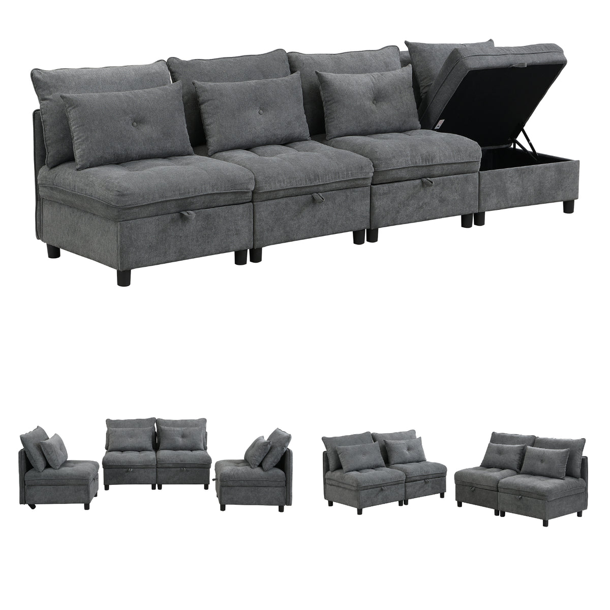 Ensemble de canapés modulables et séparables 4 places avec rangement, revêtu de chenille, gris