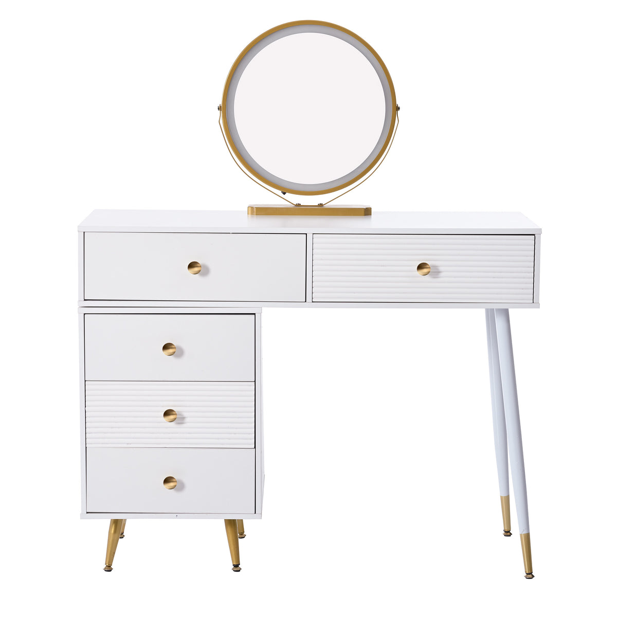 White 4-in-1 dressing table with whole mirror and rotary table mirror, padded stool, integrated storage and 3-color LED lighting, 109x36x164 cm