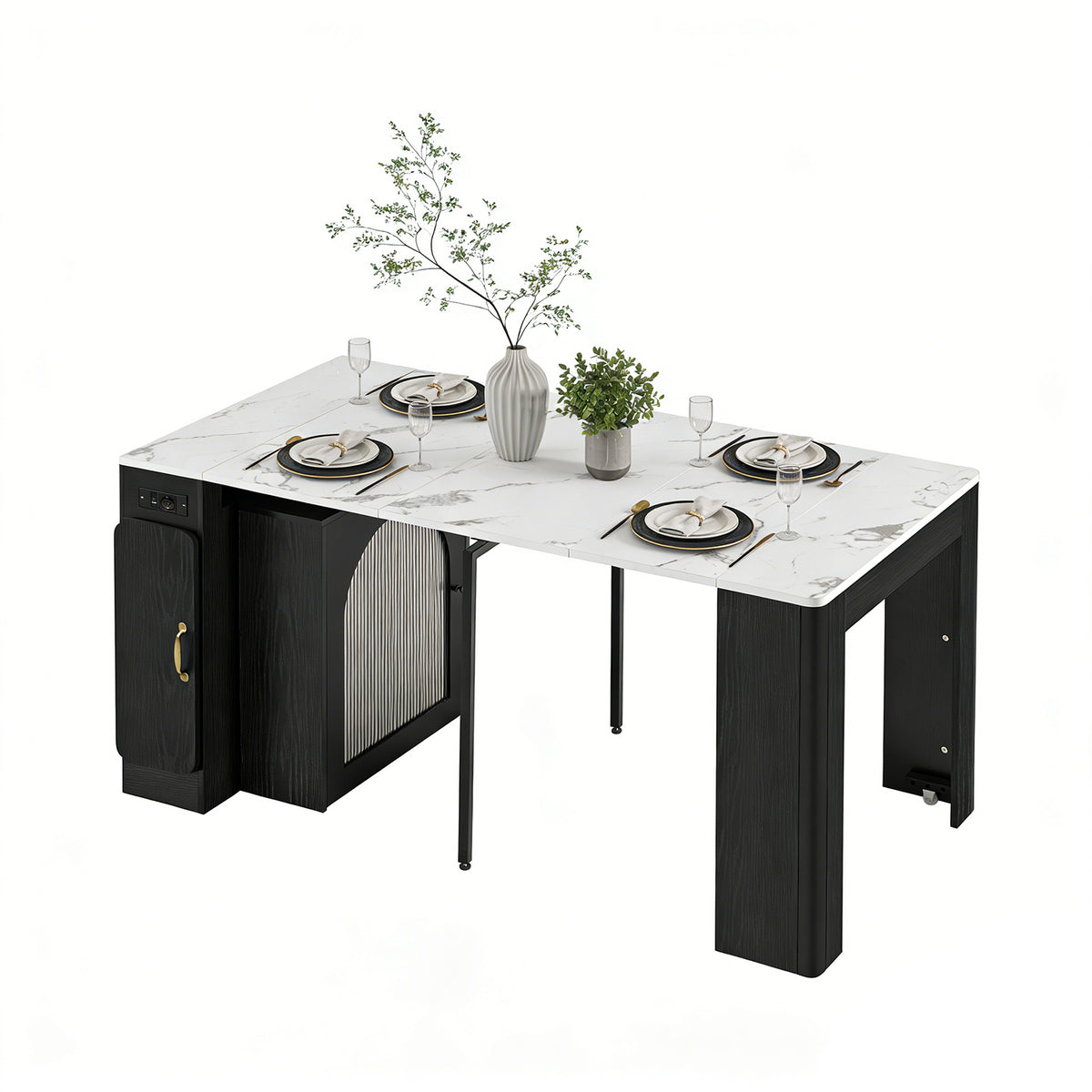 Ausziehbarer Esstisch 140/180 x 80 x 75 cm mit MDF-Platte in weißem Marmoreffekt und schwarzen Metallbeinen