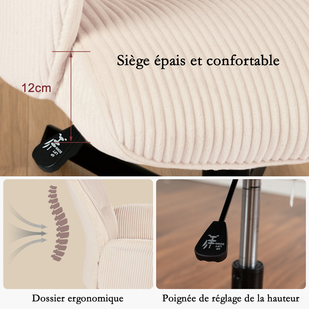 Fauteuil de bureau ergonomique pivotant et réglable avec accoudoirs en velours côtelé beige - THOMASINA