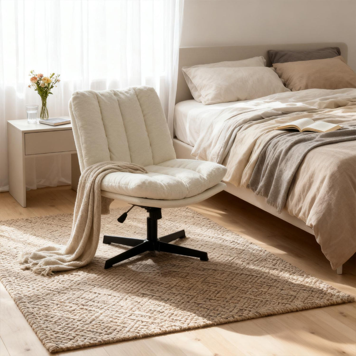Fauteuil de relaxation réglable et pivotant avec accoudoirs et assise épaisse en chenille beige - CONFOD