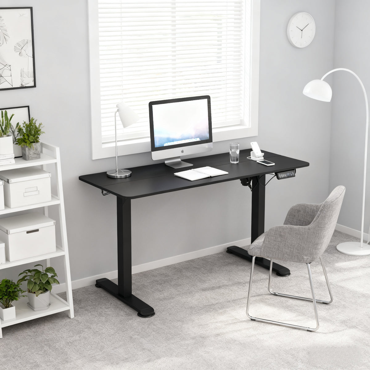 Table de bureau électrique réglable en hauteur 140x70x72-116 cm Steh-Sitz Schreibtisch avec anti-collision, stockage et cadre en acier noir