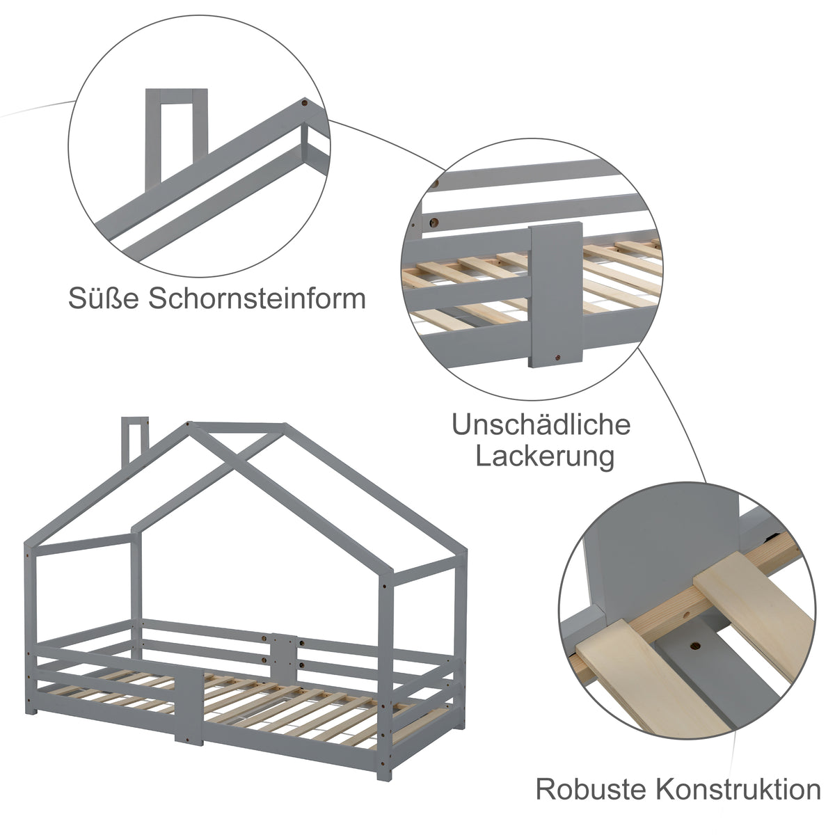 Lit cabane enfant 90x200 cm bois massif gris avec barrière anti-chute et sommier à lattes