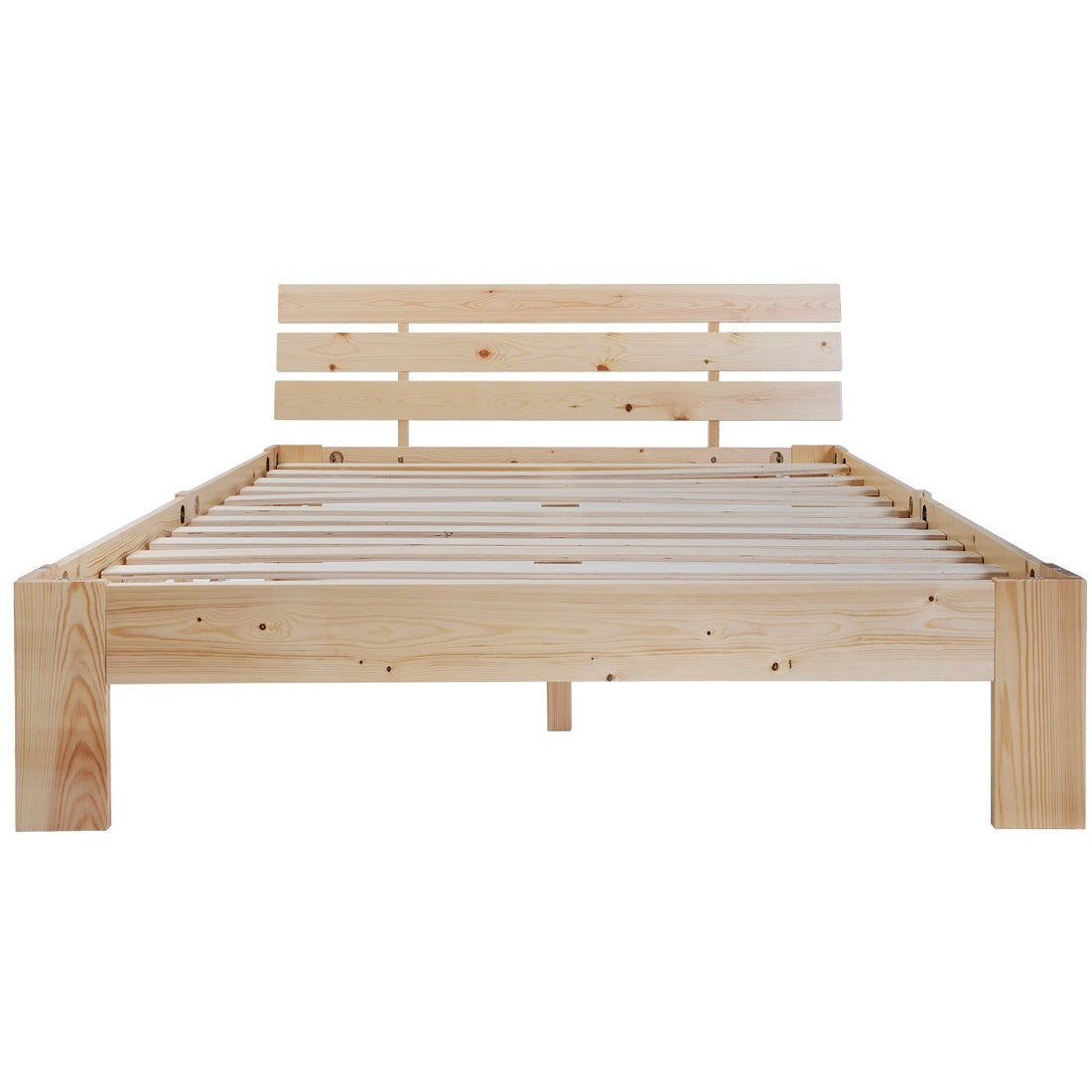 Lit double 140x200 cm en bois massif de pin naturel avec sommier à lattes et tête de lit, structure robuste et design intemporel, sans matelas.