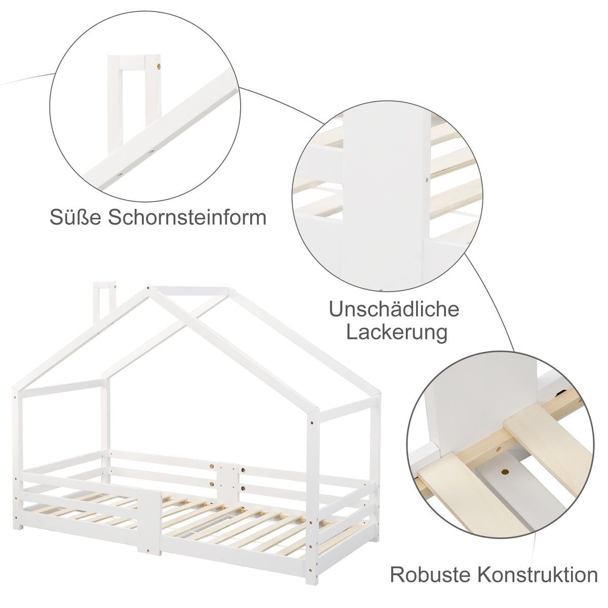 Lit cabane enfant 90x200 cm bois massif blanc avec barrière anti-chute et sommier à lattes