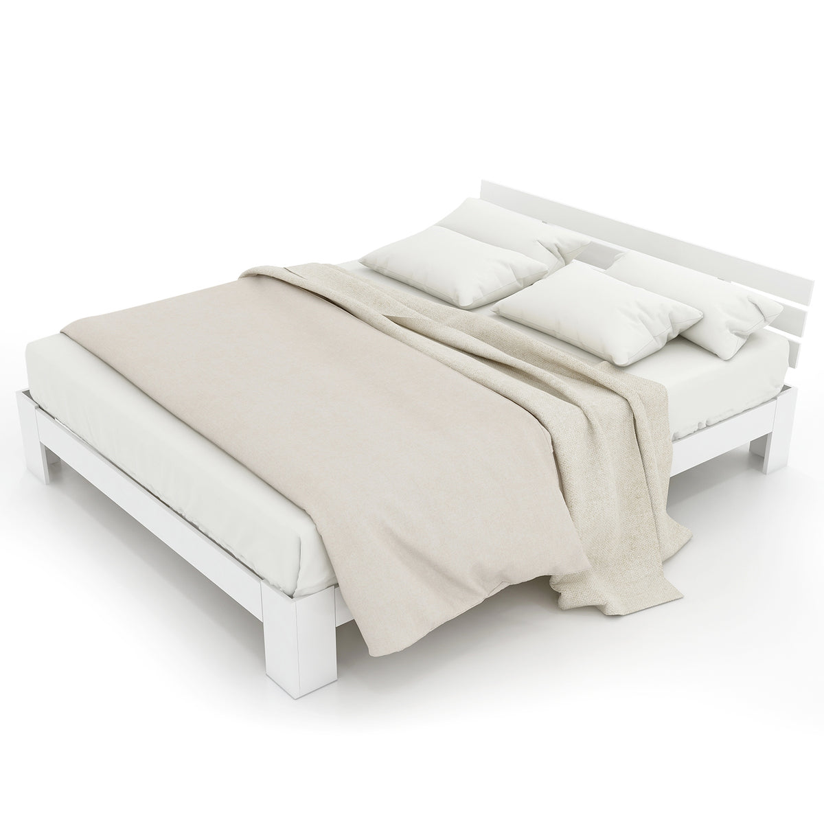 Lit double 140x200 cm en bois massif de pin blanc avec sommier à lattes et tête de lit, design rustique et compact (sans matelas)