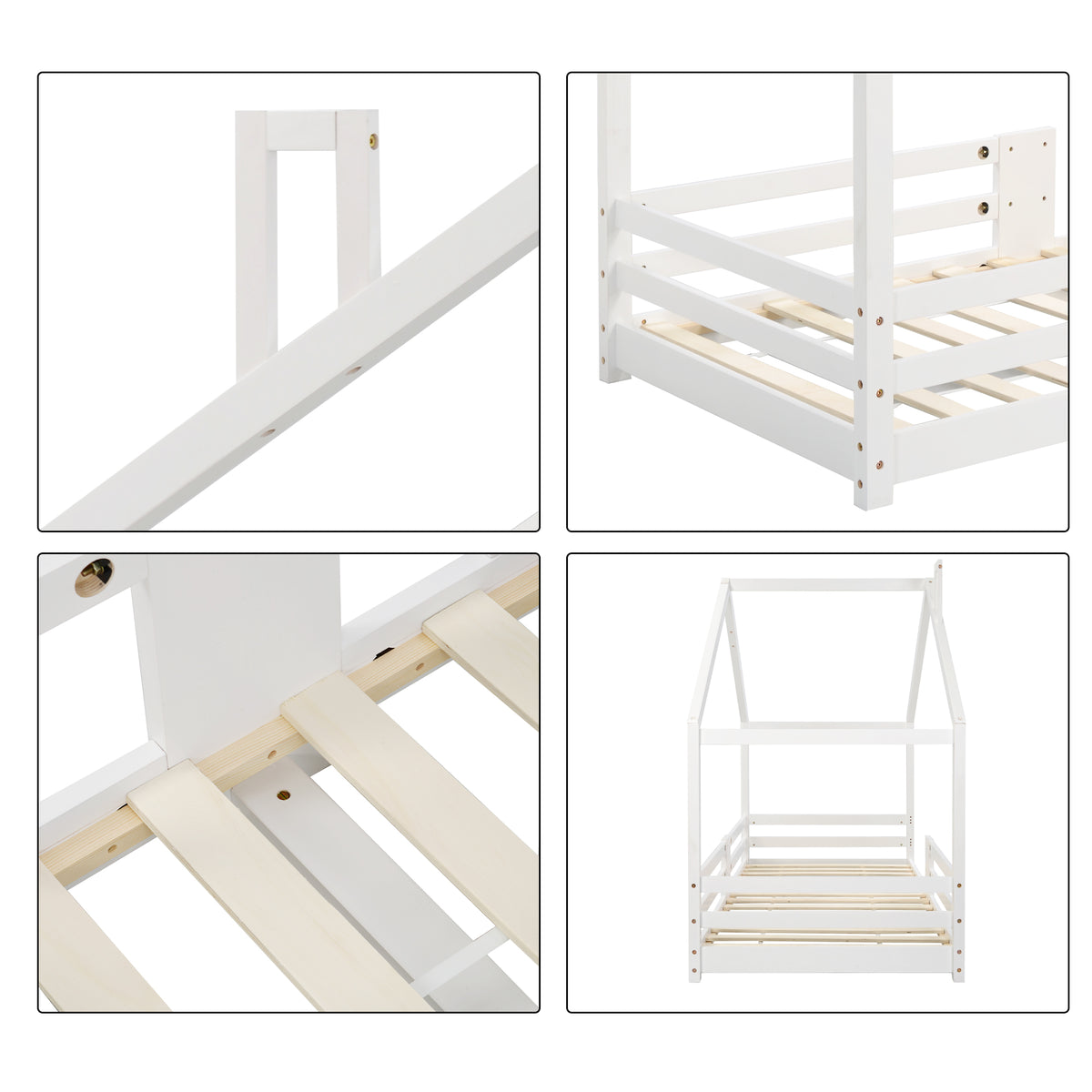 Lit cabane enfant 90x200 cm bois massif blanc avec barrière anti-chute et sommier à lattes