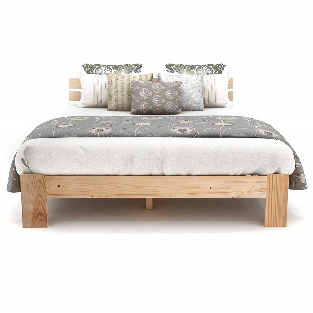 Lit double 140x200 cm en bois massif de pin naturel avec sommier à lattes et tête de lit, structure robuste et design intemporel, sans matelas.