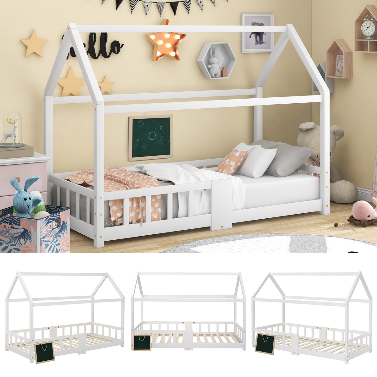 Cabin bed children 90x200 cm white in solid wood with blackboard, slatted box spring and safety barriers, without mattresses