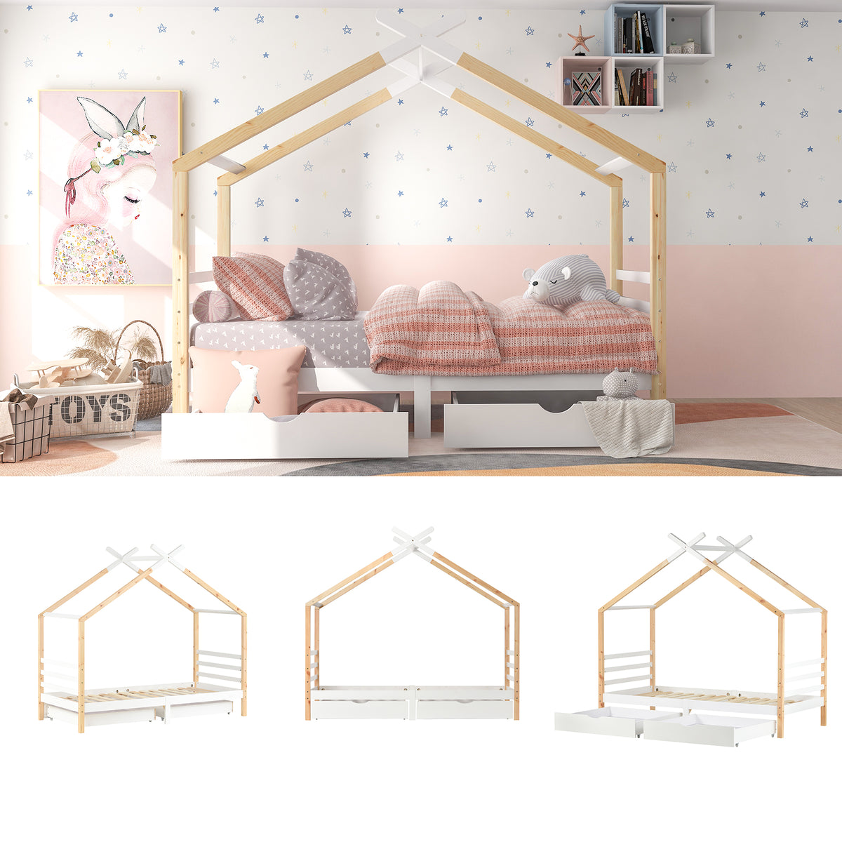 Children's cabin 90x200 cm white and solid wood wood with slatted base and 2 storage drawers (without mattresses)