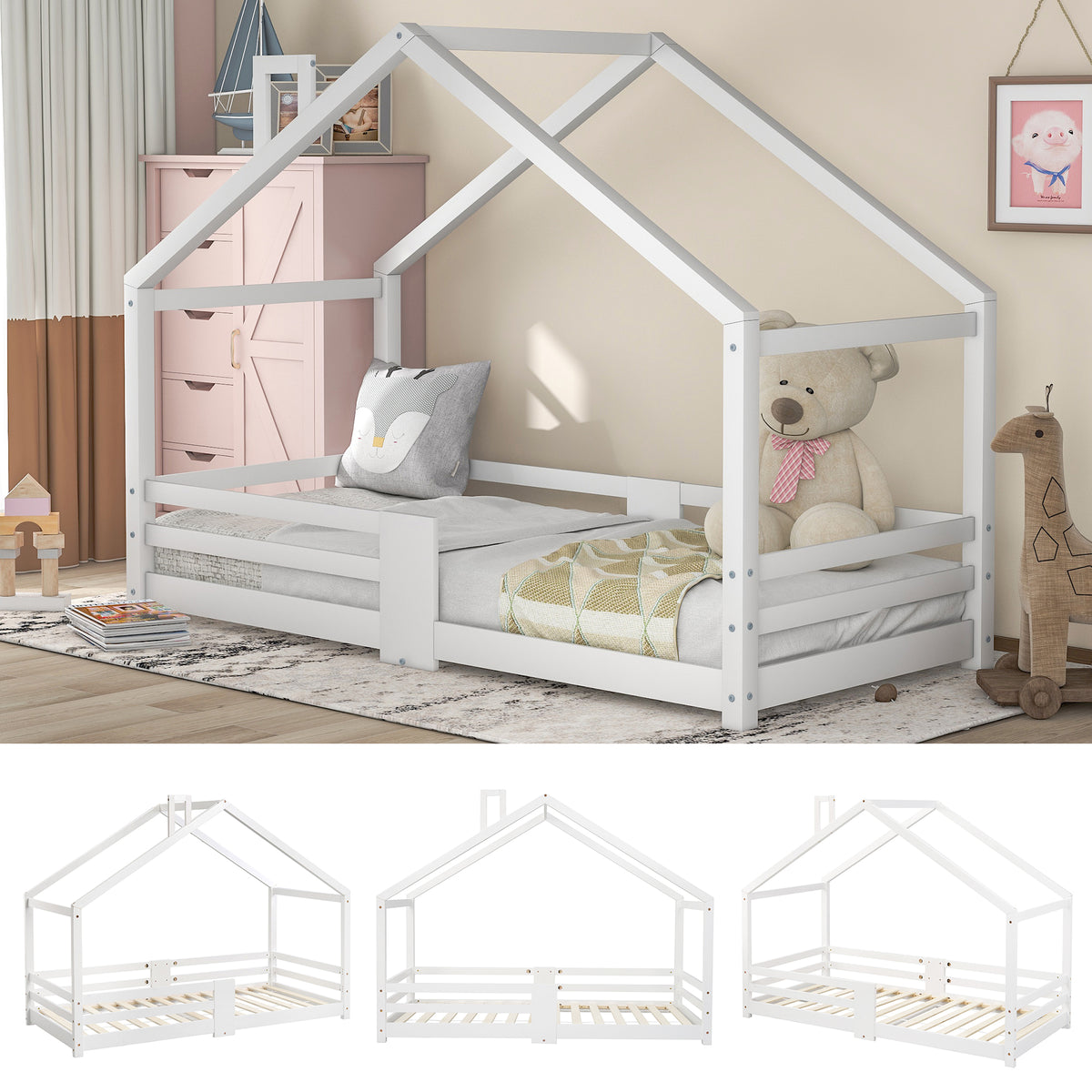 Lit cabane enfant 90x200 cm bois massif blanc avec barrière anti-chute et sommier à lattes