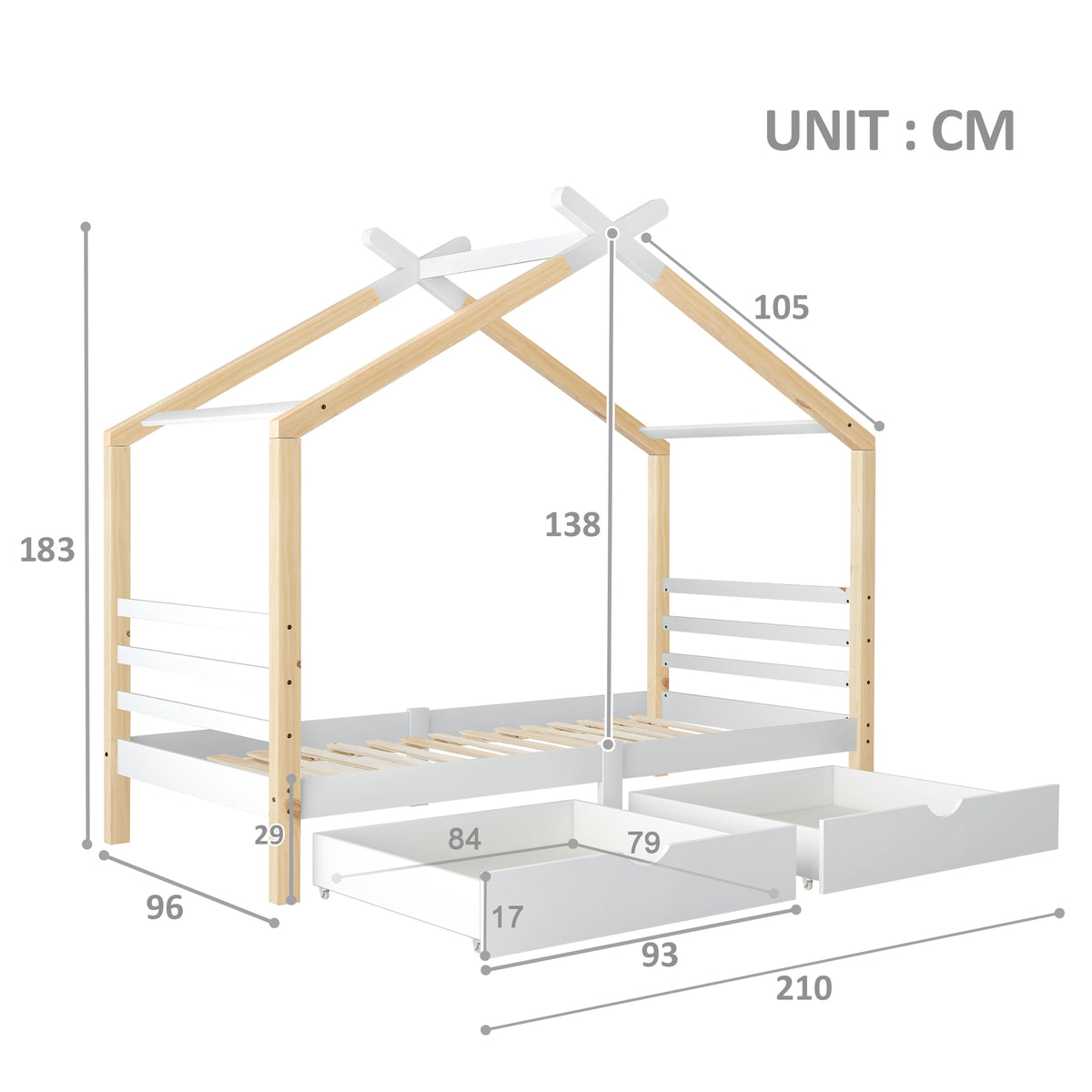 Children's cabin 90x200 cm white and solid wood wood with slatted base and 2 storage drawers (without mattresses)
