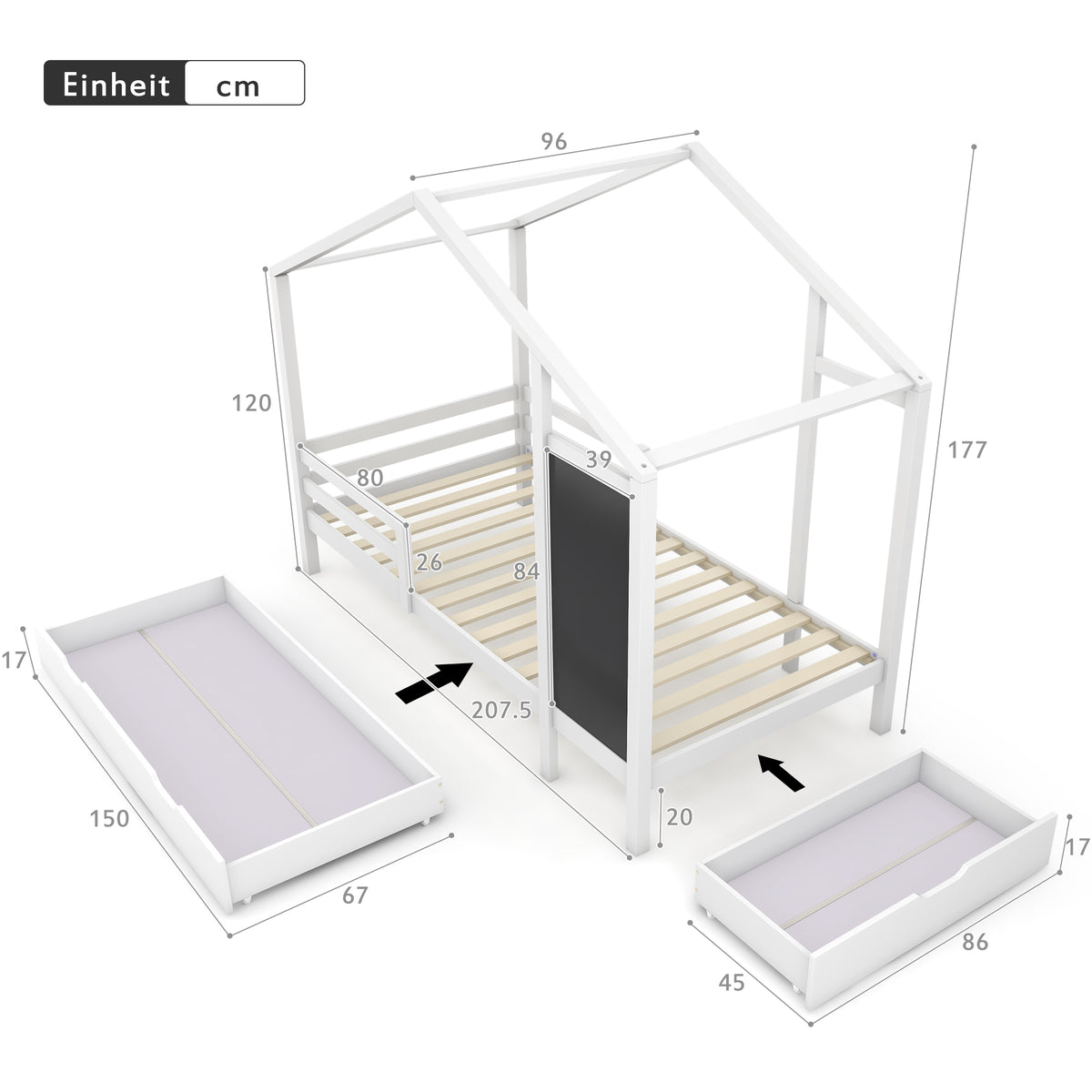 Lit cabane enfant 90×200 cm en bois massif blanc avec tableau, 2 tiroirs, sommier à lattes et barrières de sécurité (sans matelas)