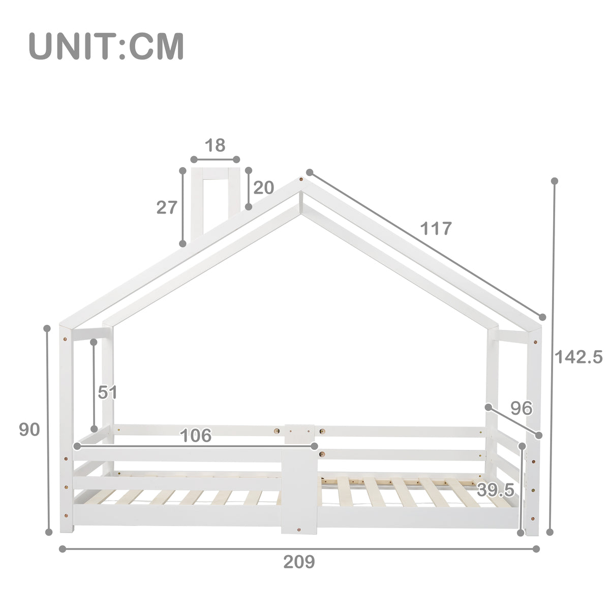Lit cabane enfant 90x200 cm bois massif blanc avec barrière anti-chute et sommier à lattes