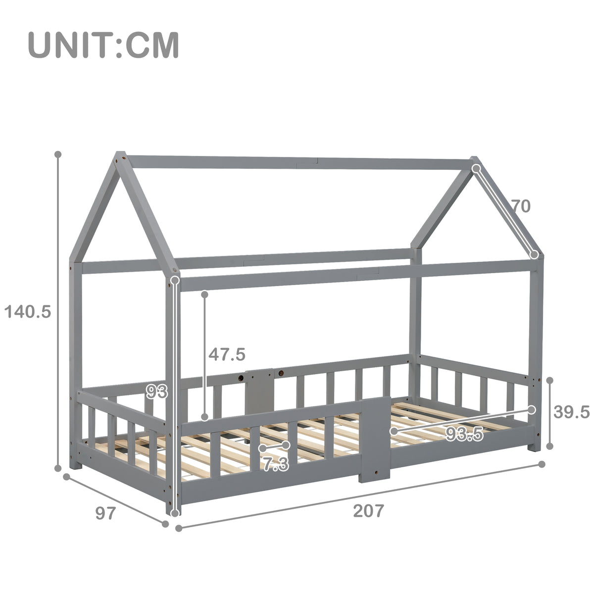 Cabin bed children 90x200 cm Gray in solid wood with blackboard, slatted base and safety barriers, without mattresses