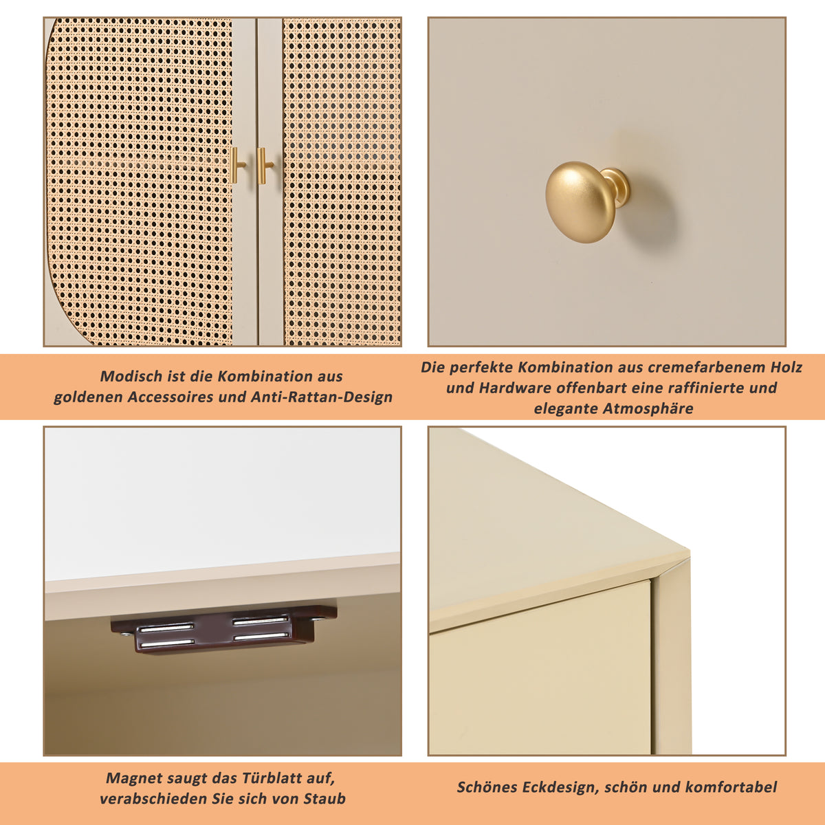 Buffet de salon et salle à manger en blanc cassé avec portes en rotin et 3 tiroirs, meuble de rangement moderne 120 cm de large