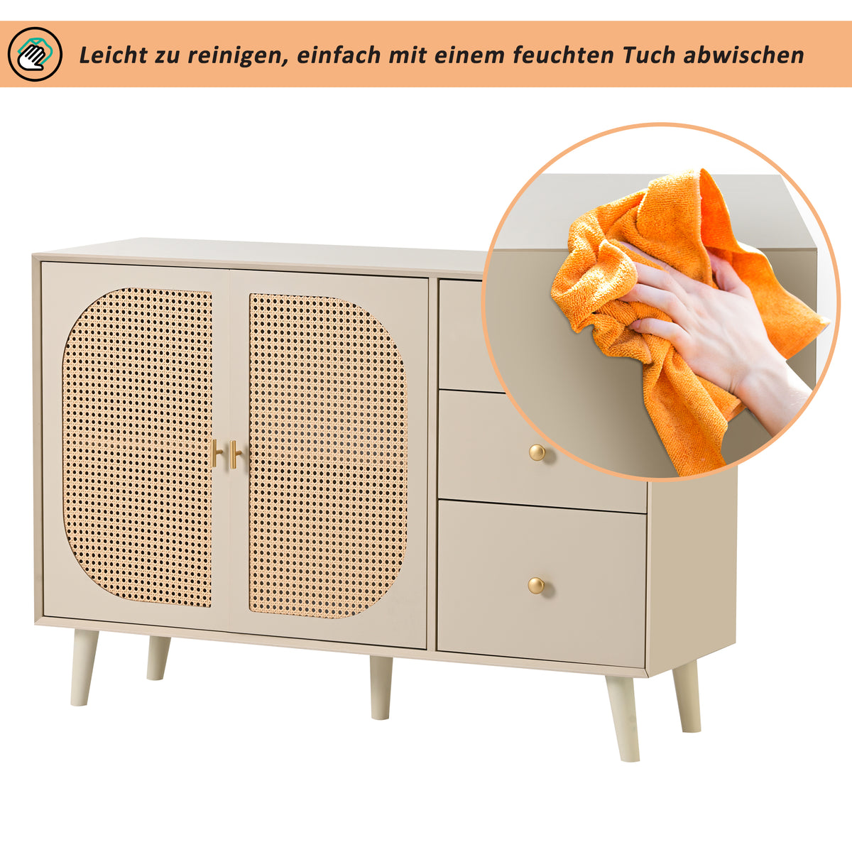 Buffet de salon et salle à manger en blanc cassé avec portes en rotin et 3 tiroirs, meuble de rangement moderne 120 cm de large