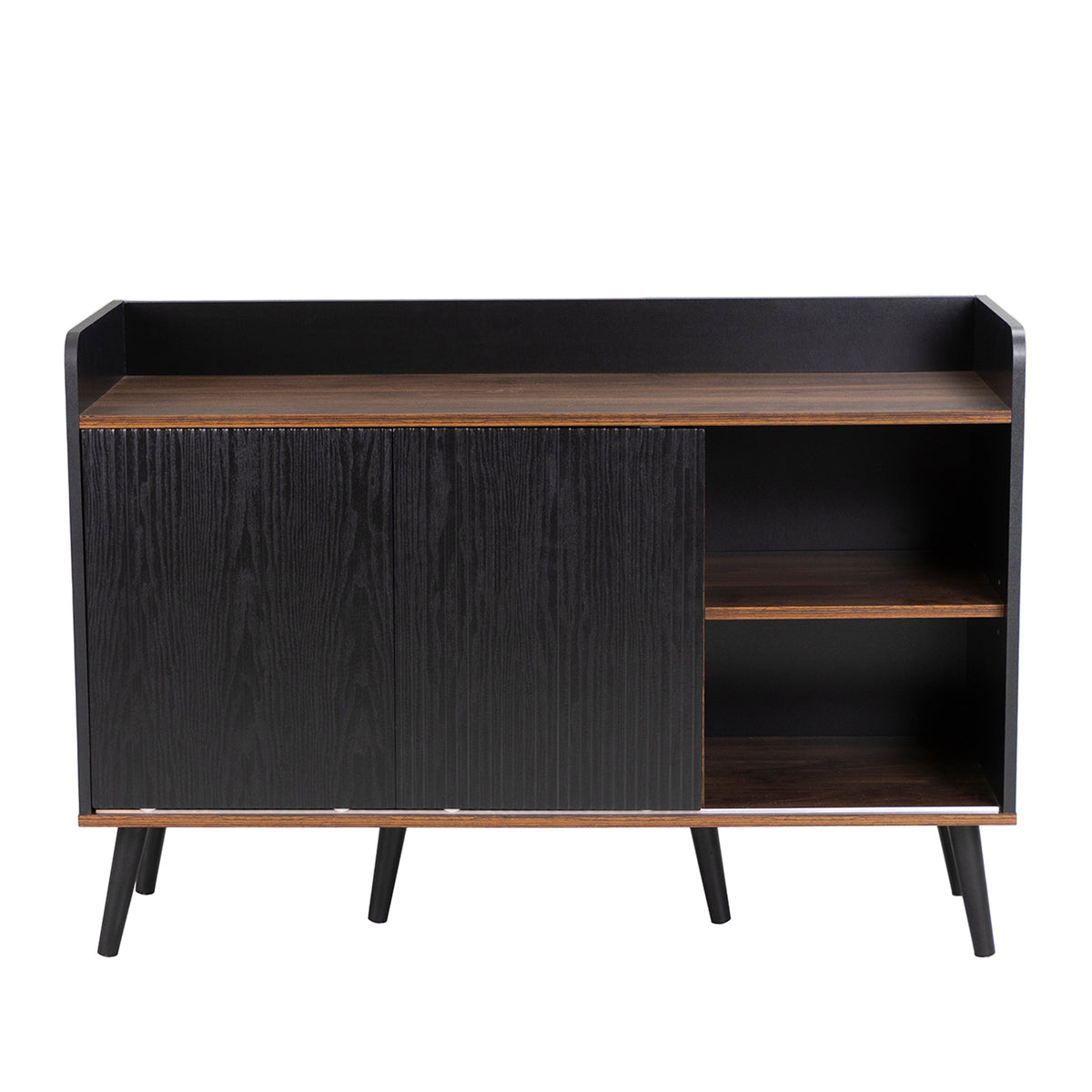Buffet moderne noir et bois avec 3 tiroirs et portes coulissantes striées