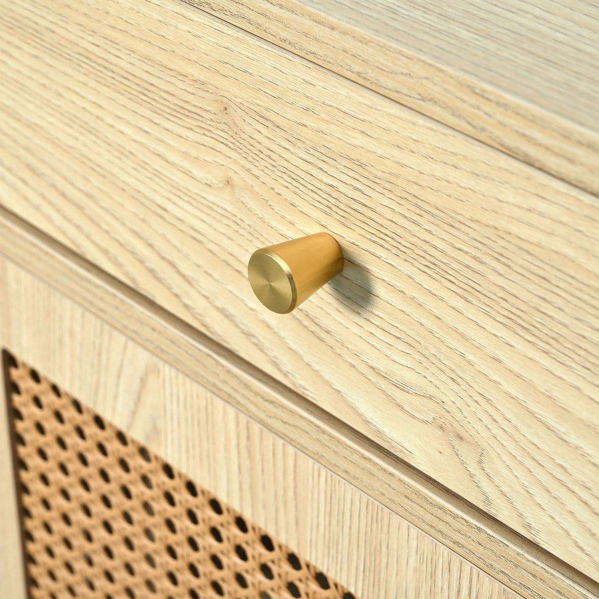 Retro-Sideboard aus Eichenholz mit 3 Schubladen, 3 Rattan-Schiebetüren und verstellbaren Regalen – 120 x 40 x 78 cm