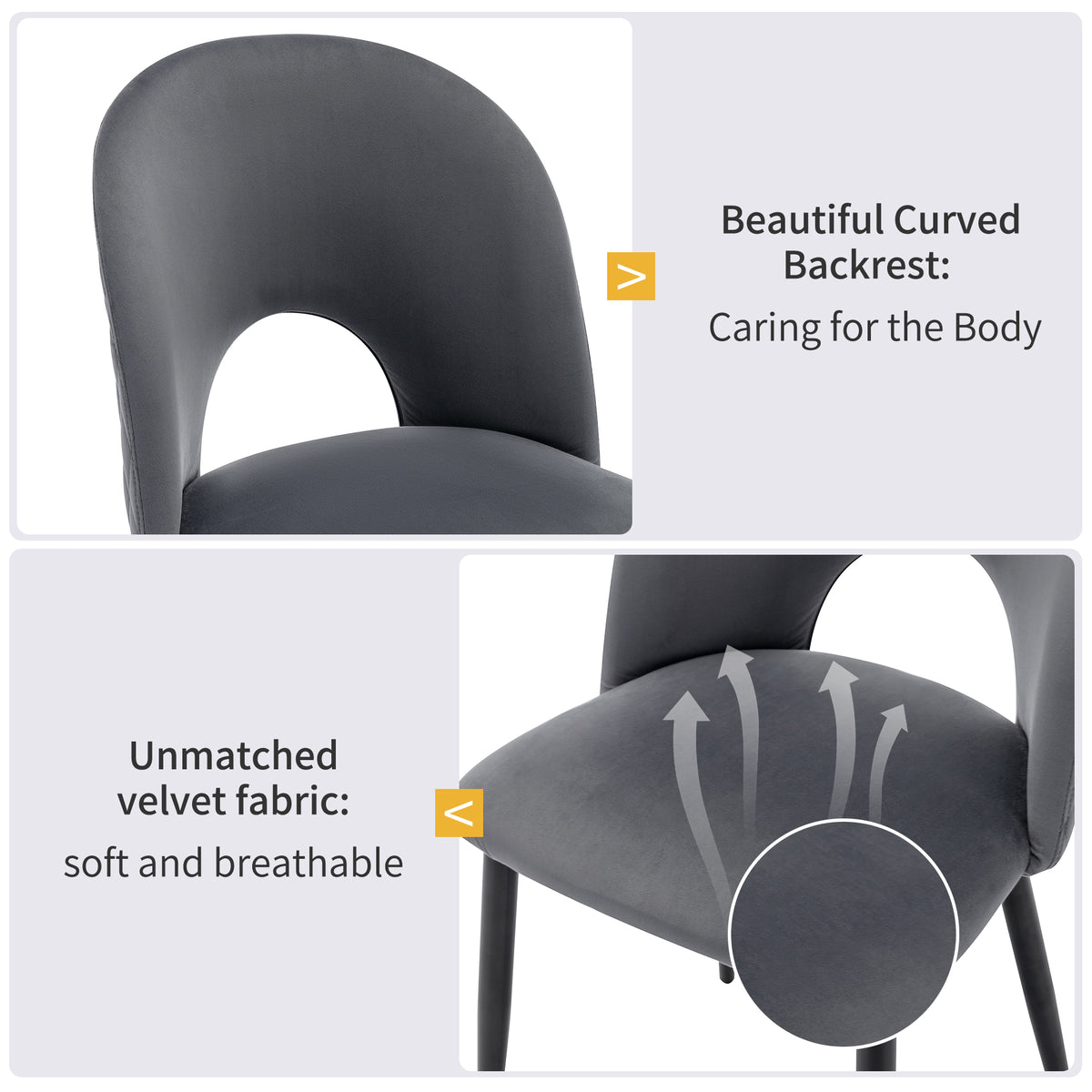 Lot de 2 chaises de salle à manger en velours gris avec dossier à motif diamant, pieds en métal réglables et assise rembourrée