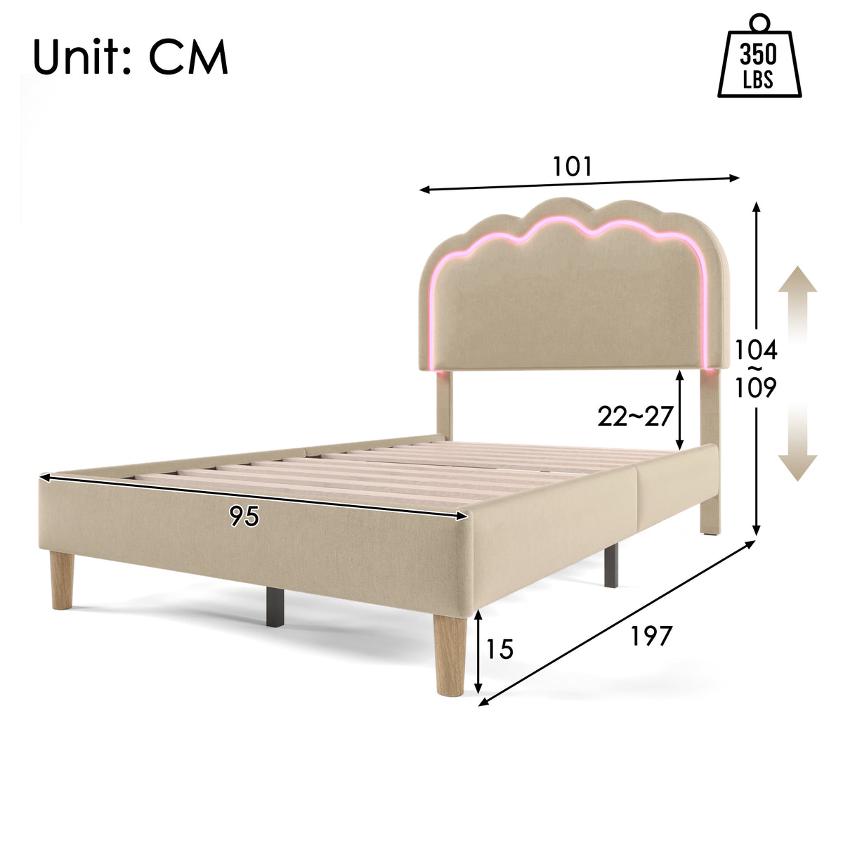 Packaged children's bed 90 × 190 cm with LED, in beige linen with adjustable headboard and slatted base (without mattresses)
