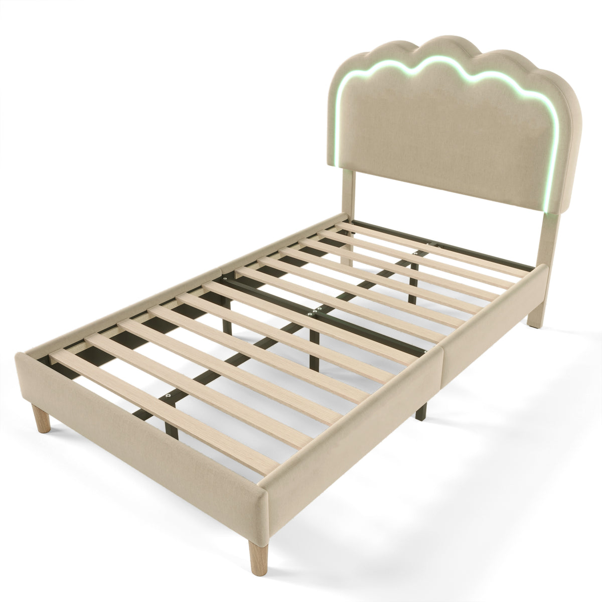 Verpacktes Kinderbett 90 × 200 cm mit LED, in Beige -Leinen mit einstellbarem Kopfteil und Schleiferbasis (ohne Matratzen)
