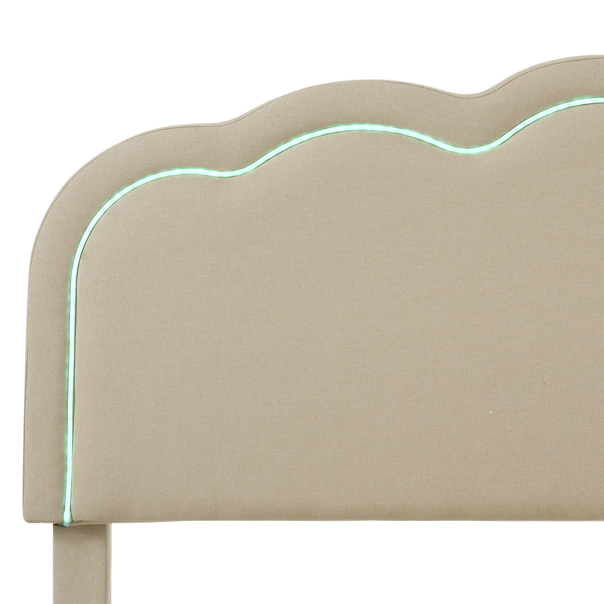 Verpacktes Kinderbett 90 × 200 cm mit LED, in Beige -Leinen mit einstellbarem Kopfteil und Schleiferbasis (ohne Matratzen)