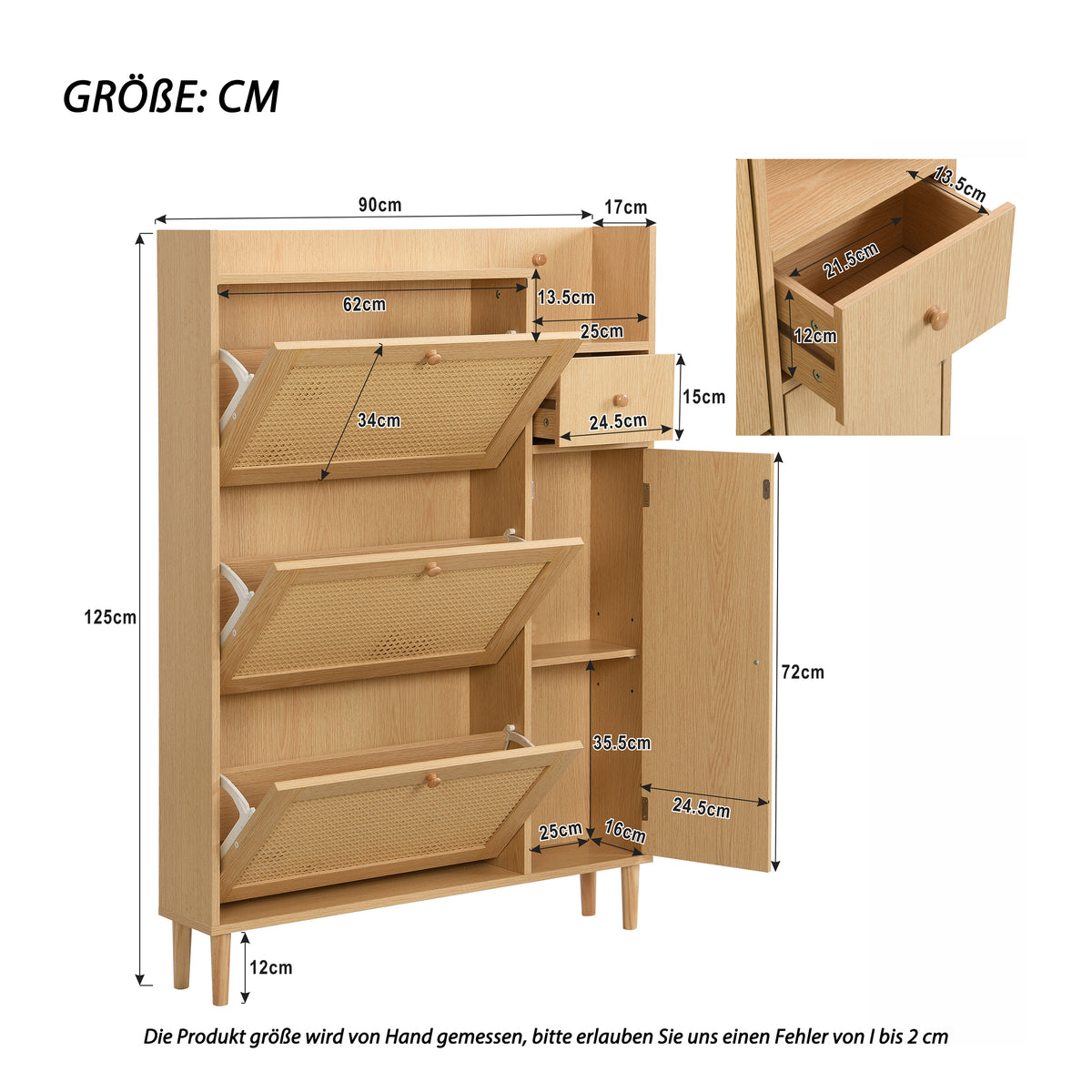 Meuble à chaussures en bois et rotin naturel 90x17x125 cm avec 3 portes basculantes, 1 tiroir et pieds en bois massif, idéal pour entrée étroite et petits espaces