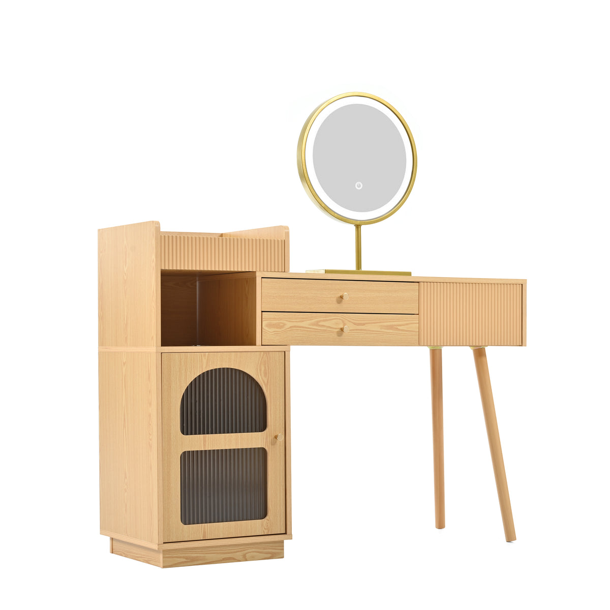 Modern hairdresser with 3 -light LED mirror, large storage space and side glass cabinet, 120x40x90 cm