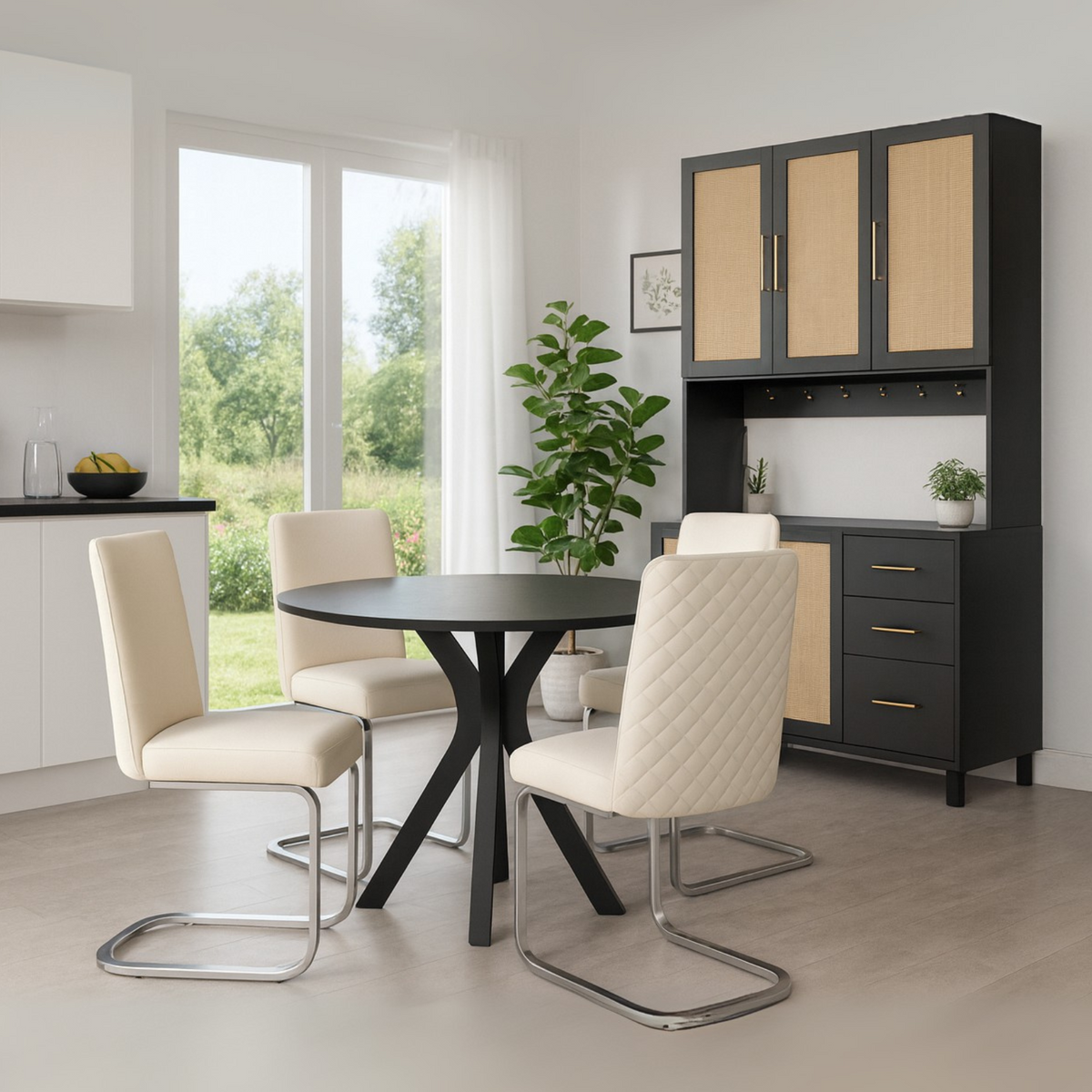 Buffet de cuisine 183 cm avec éclairage LED contrôlé par application, 2 ports USB, 2 prises, 3 tiroirs, étagères réglables et poignées dorées â€?idéal pour cuisine et salle à manger